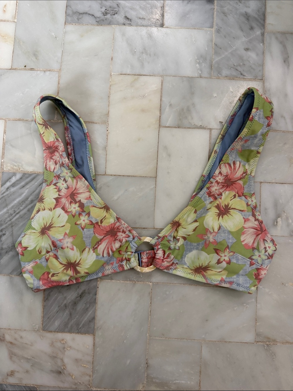 Aerie Floral Ring-Front Bikini Top in Green and Pink